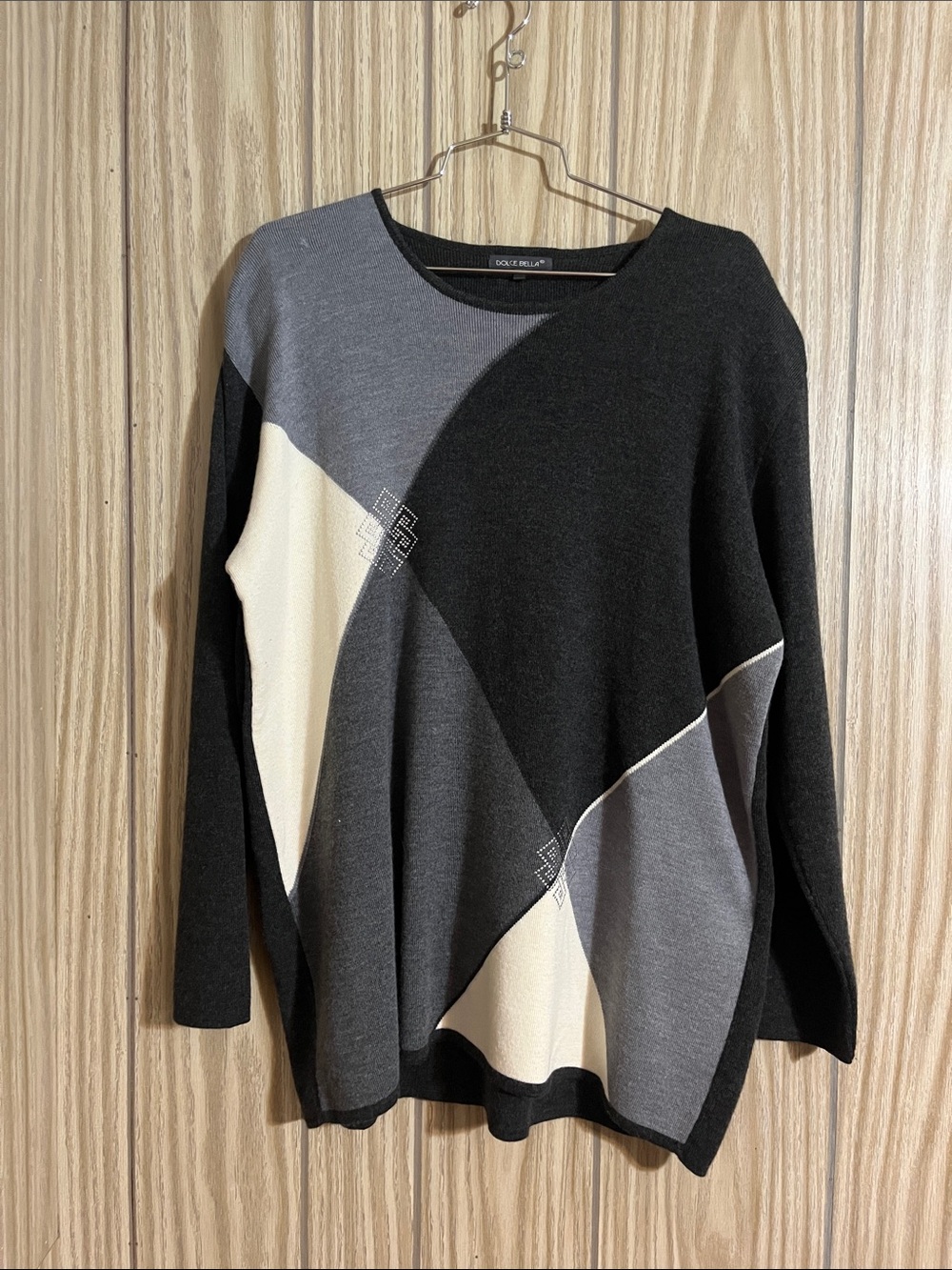Dolce Bella Color-Block Merino Wool Blend Sweater W/ Rhinestones - Size L